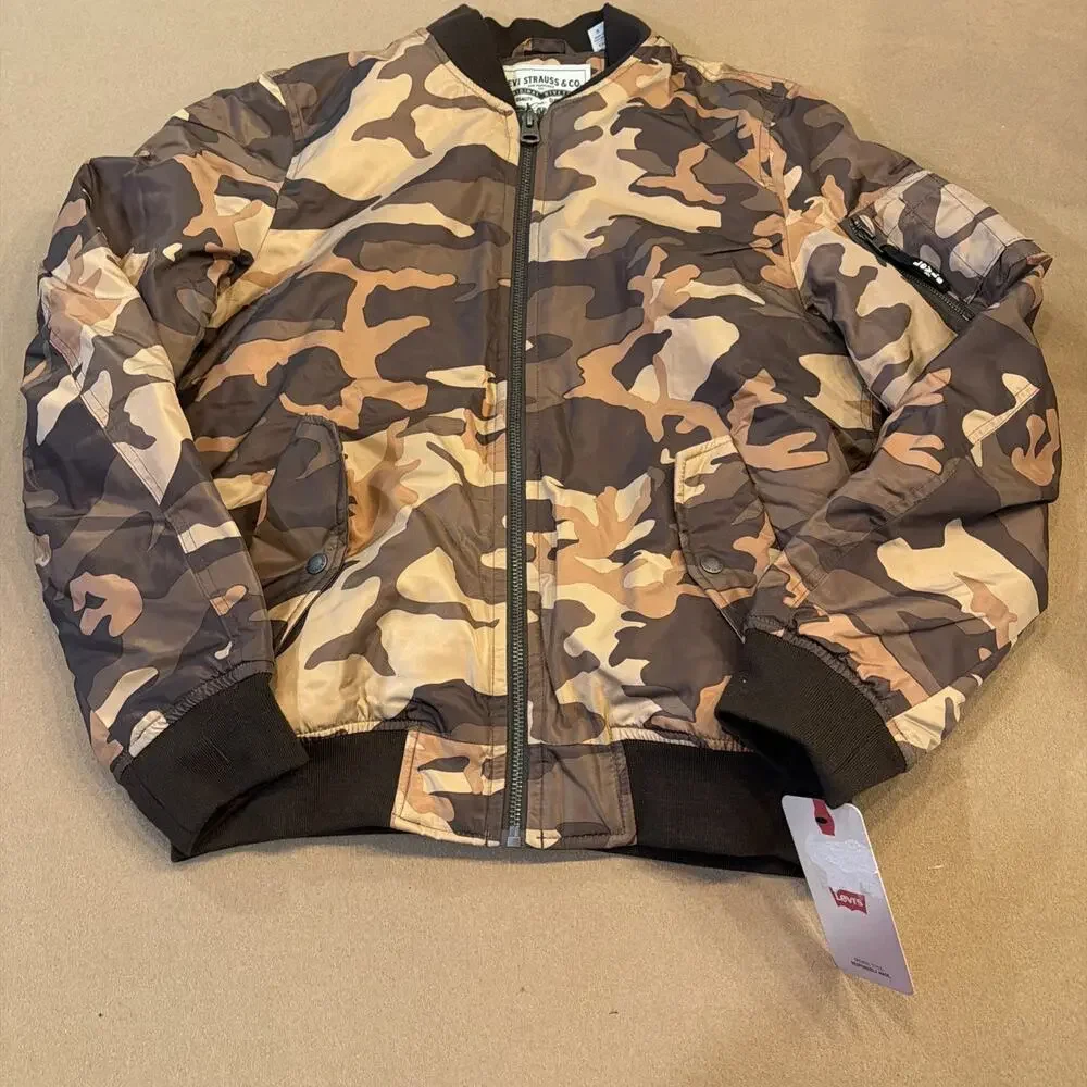 Levi's Bomber Jacket Mens Small Brown Camo Full Zip Flight Utility Coat